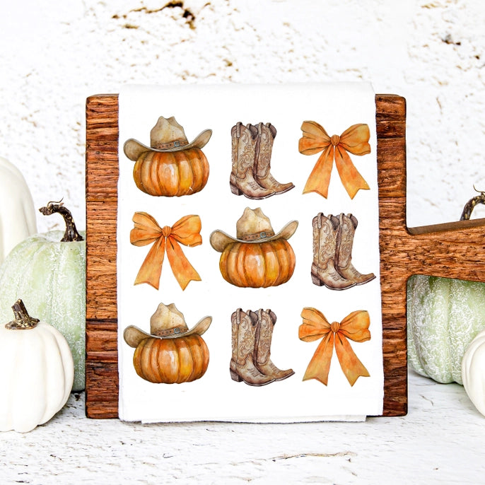 Halloween Western Boots Pumpkins and Ribbons Kitchen Towel